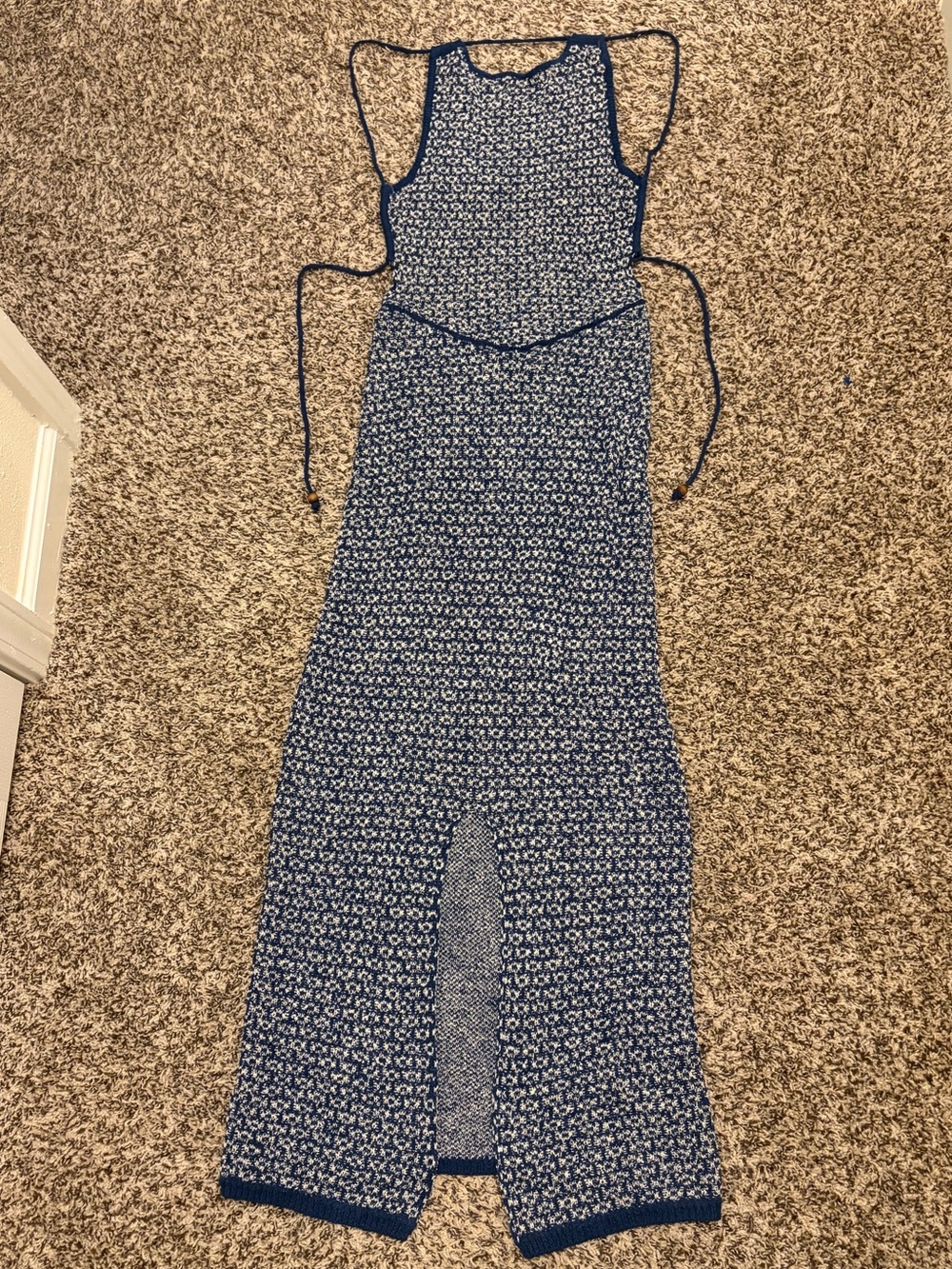 Free People Beach Blue Printed Maxi Dress with Side Slits and Waist Tie